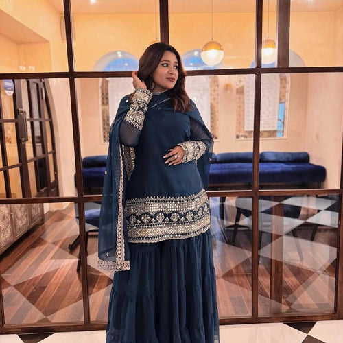 Navy Blue Color Sequence Embroidery Work Designer Party Wear Palazzo Suit