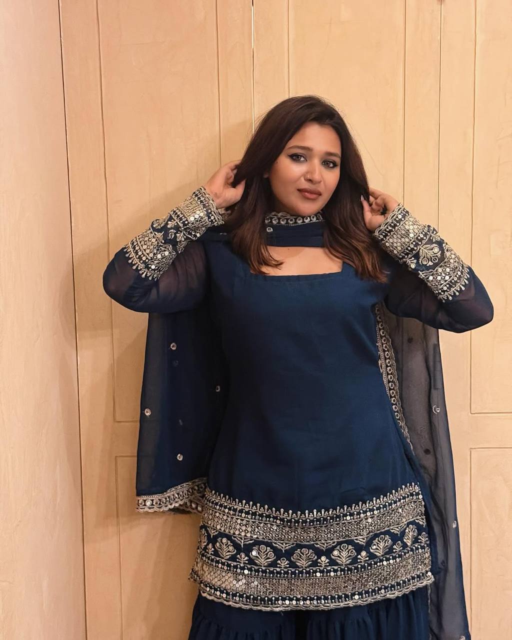 Navy Blue Color Sequence Embroidery Work Designer Party Wear Palazzo Suit