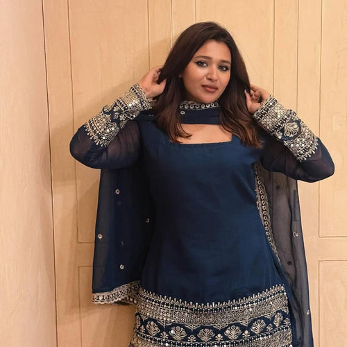 Navy Blue Color Sequence Embroidery Work Designer Party Wear Palazzo Suit