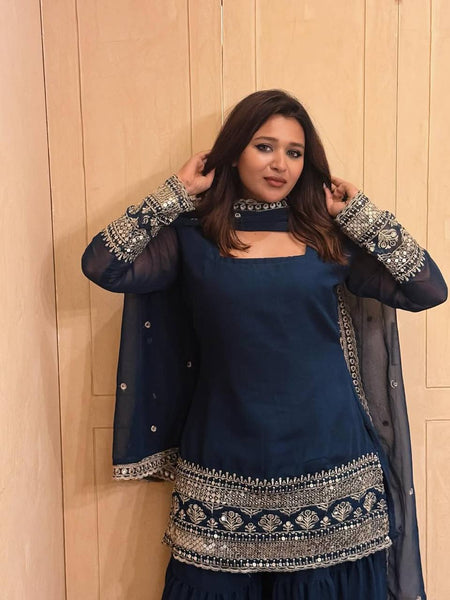 Navy Blue Color Sequence Embroidery Work Designer Party Wear Palazzo Suit