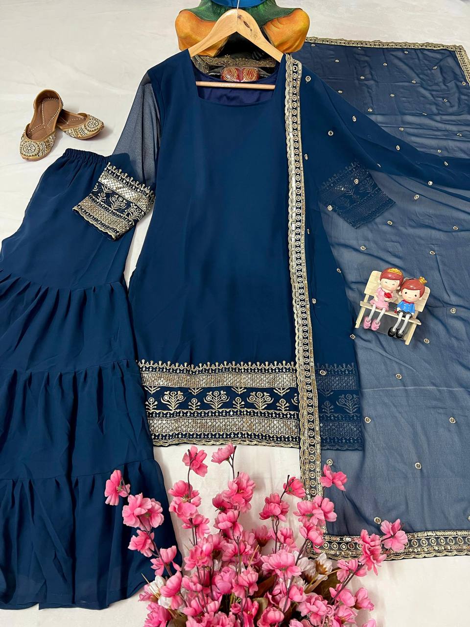 Navy Blue Color Sequence Embroidery Work Designer Party Wear Palazzo Suit