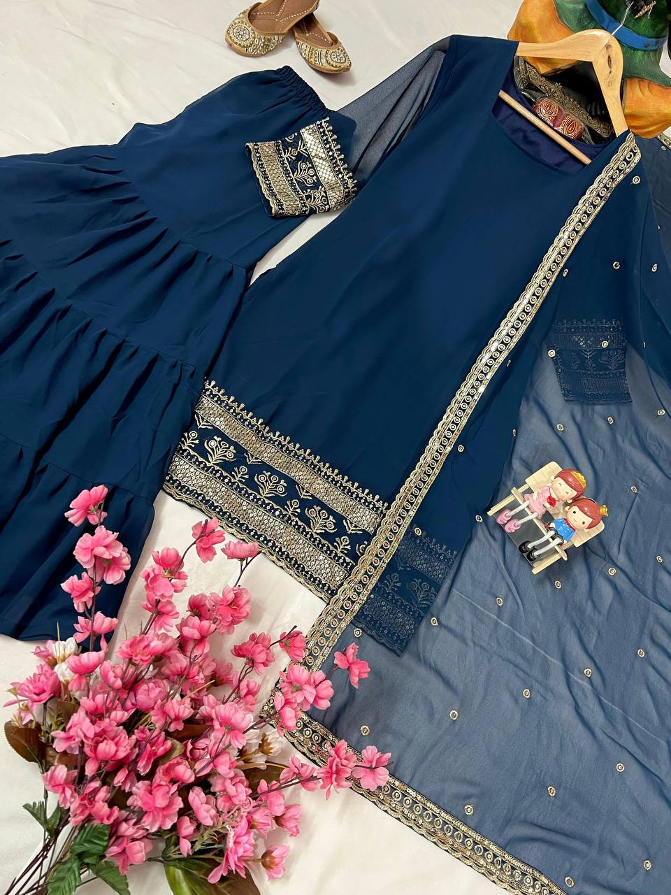 Navy Blue Color Sequence Embroidery Work Designer Party Wear Palazzo Suit