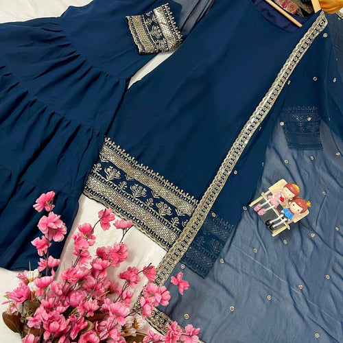 Navy Blue Color Sequence Embroidery Work Designer Party Wear Palazzo Suit