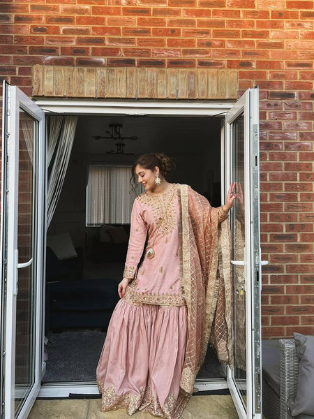 Baby Pink Color Sequence Embroidery Work Designer Party Wear Shrara Suit