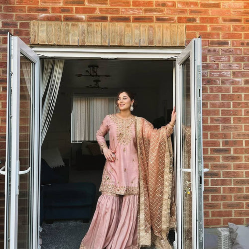 Baby Pink Color Sequence Embroidery Work Designer Party Wear Shrara Suit