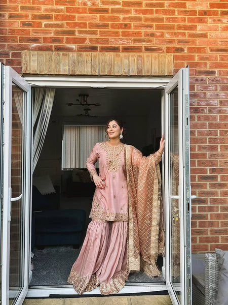 Baby Pink Color Sequence Embroidery Work Designer Party Wear Shrara Suit