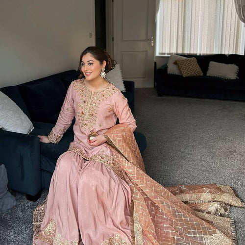 Baby Pink Color Sequence Embroidery Work Designer Party Wear Shrara Suit