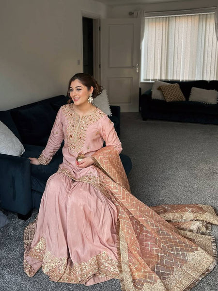 Baby Pink Color Sequence Embroidery Work Designer Party Wear Shrara Suit