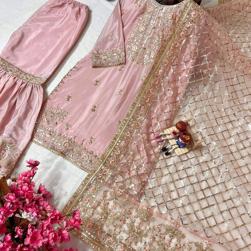 Baby Pink Color Sequence Embroidery Work Designer Party Wear Shrara Suit