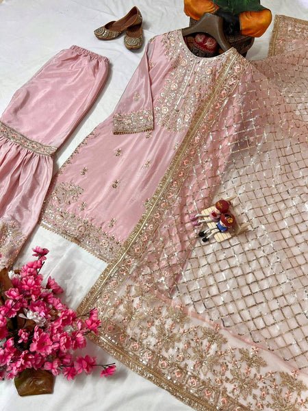 Baby Pink Color Sequence Embroidery Work Designer Party Wear Shrara Suit
