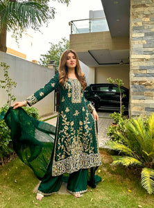 Green Color Sequence Embroidery Work Designer Party Wear Palazzo Suit