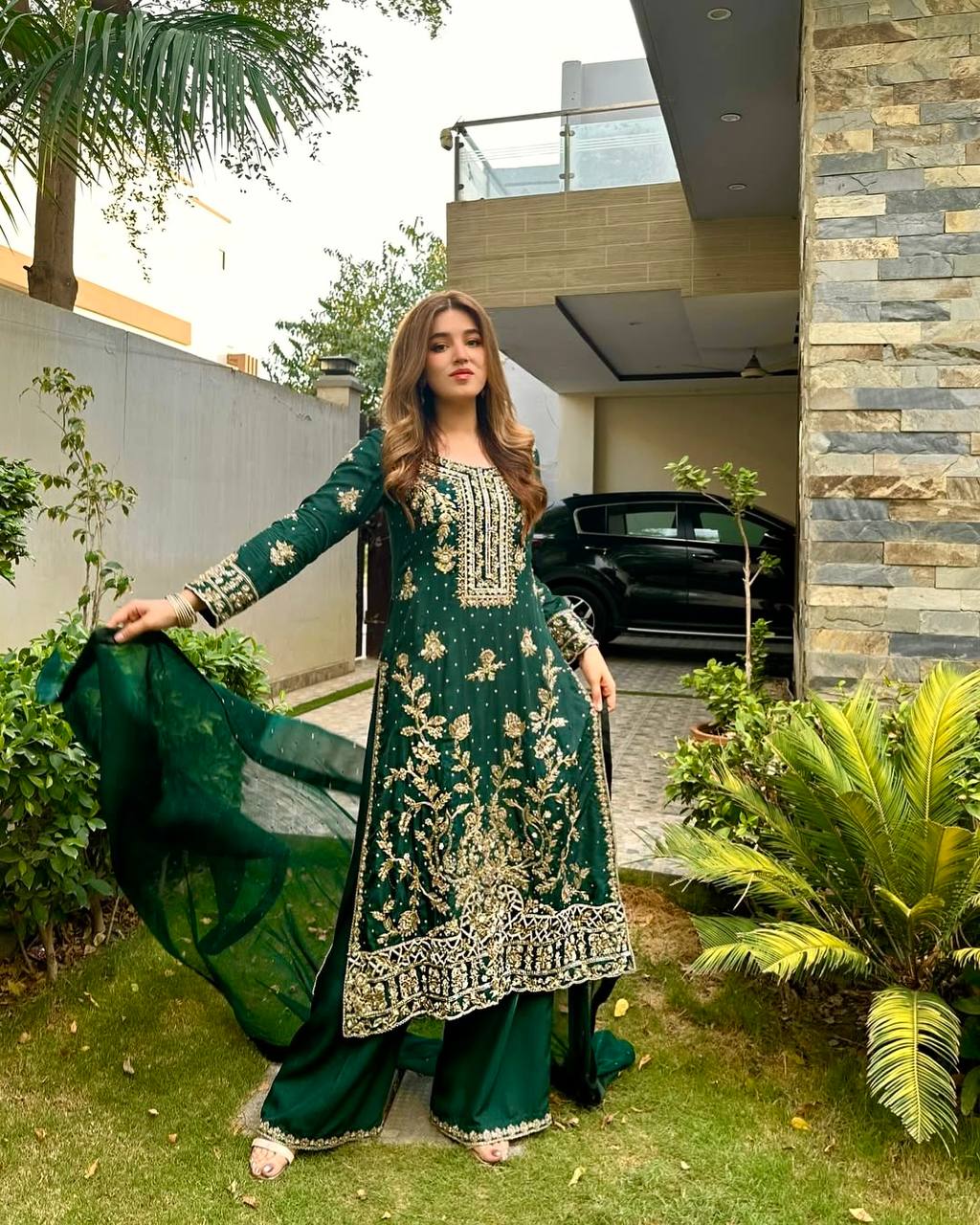 Green Color Sequence Embroidery Work Designer Party Wear Palazzo Suit