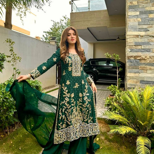 Green Color Sequence Embroidery Work Designer Party Wear Palazzo Suit