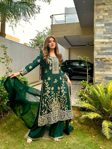 Green Color Sequence Embroidery Work Designer Party Wear Palazzo Suit