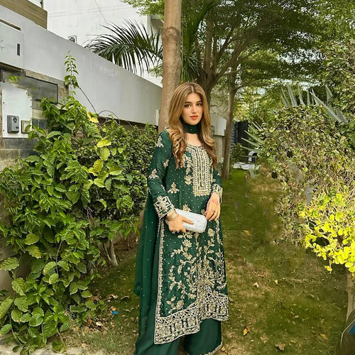 Green Color Sequence Embroidery Work Designer Party Wear Palazzo Suit