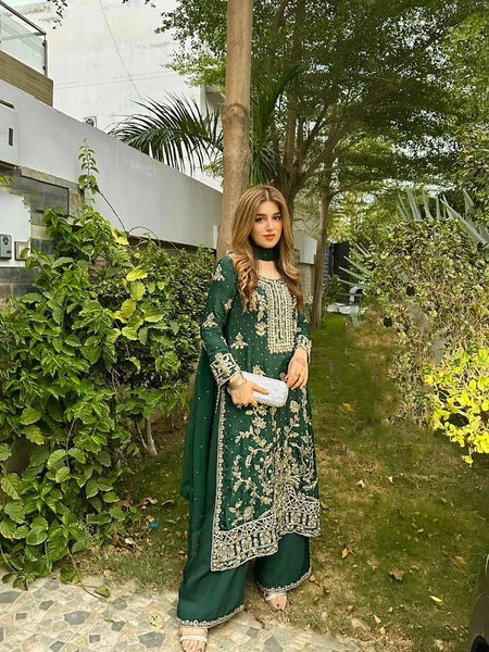 Green Color Sequence Embroidery Work Designer Party Wear Palazzo Suit