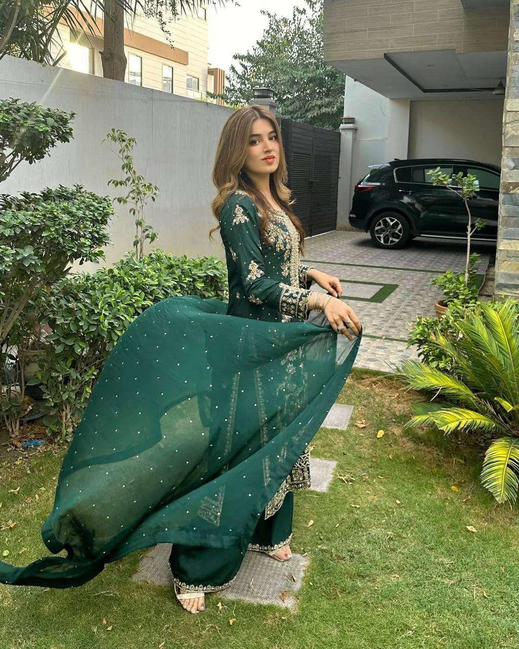 Green Color Sequence Embroidery Work Designer Party Wear Palazzo Suit