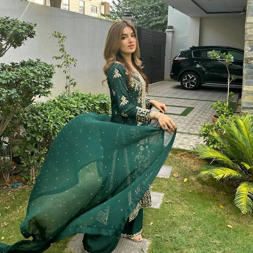 Green Color Sequence Embroidery Work Designer Party Wear Palazzo Suit