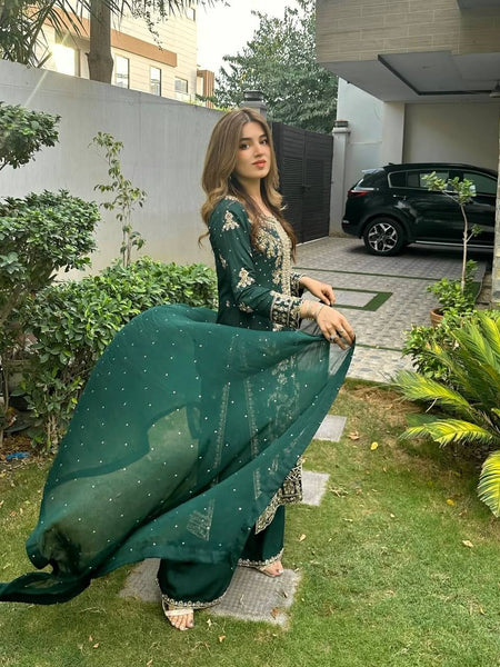 Green Color Sequence Embroidery Work Designer Party Wear Palazzo Suit