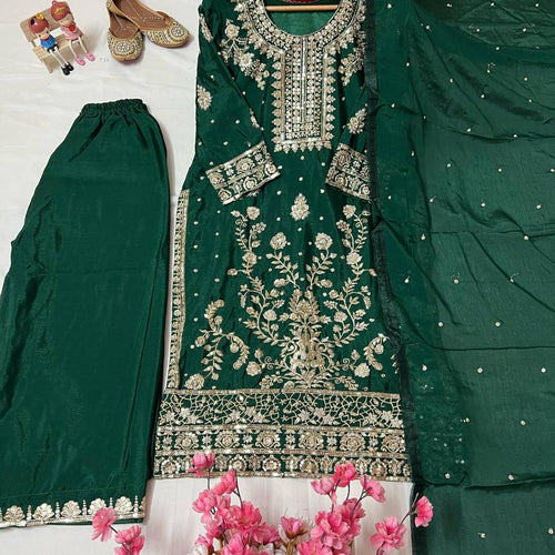 Green Color Sequence Embroidery Work Designer Party Wear Palazzo Suit