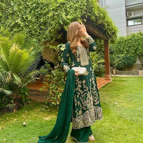 Green Color Sequence Embroidery Work Designer Party Wear Palazzo Suit