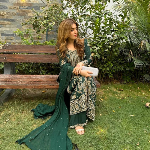 Green Color Sequence Embroidery Work Designer Party Wear Palazzo Suit