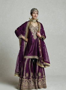 Wine Color Sequence Embroidery Work Designer Party Wear Palazzo Suit