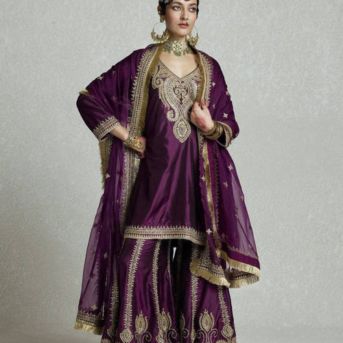 Wine Color Sequence Embroidery Work Designer Party Wear Palazzo Suit