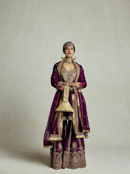 Wine Color Sequence Embroidery Work Designer Party Wear Palazzo Suit