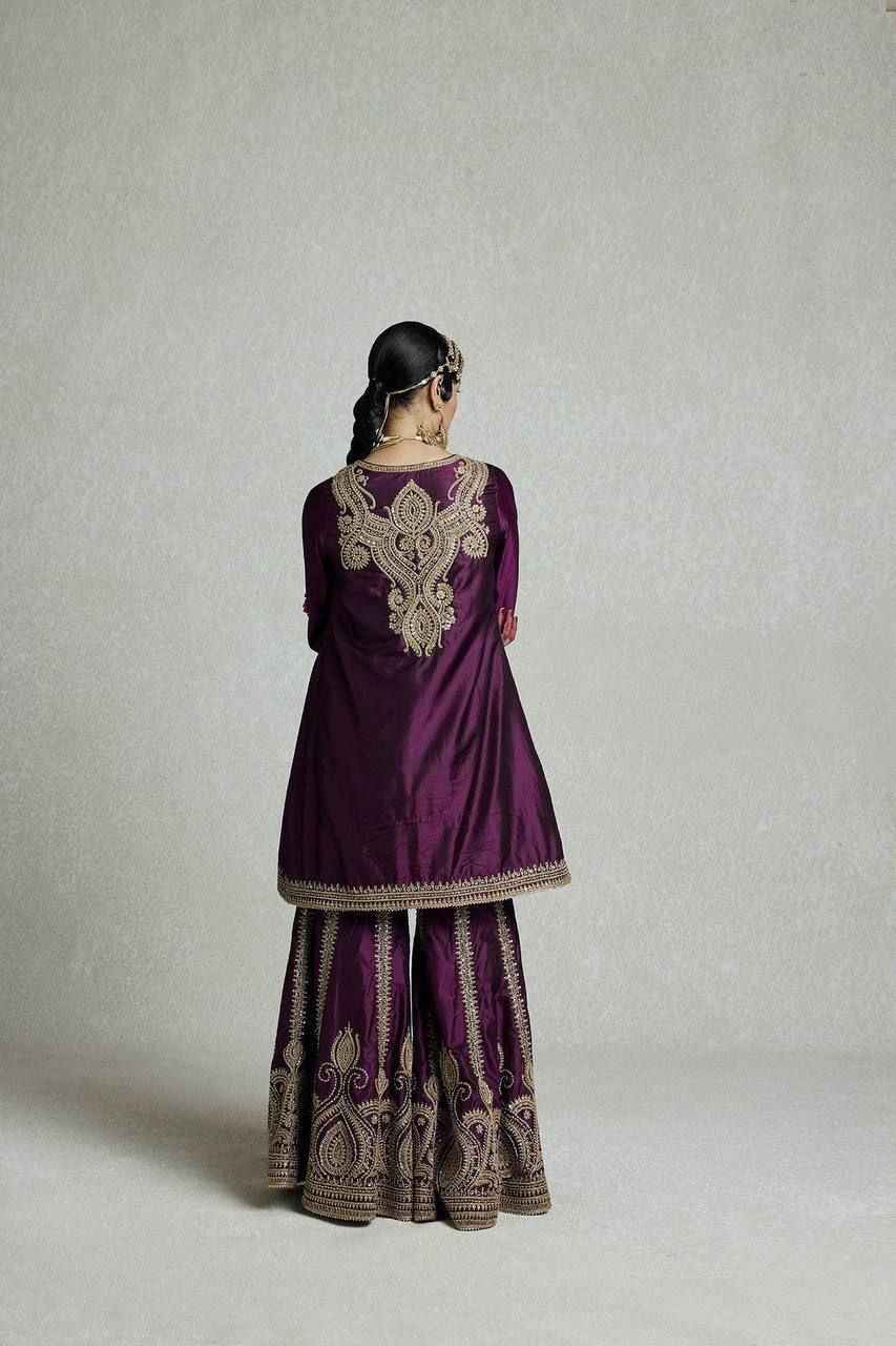 Wine Color Sequence Embroidery Work Designer Party Wear Palazzo Suit