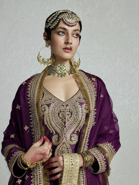 Wine Color Sequence Embroidery Work Designer Party Wear Palazzo Suit