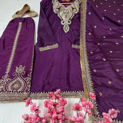 Wine Color Sequence Embroidery Work Designer Party Wear Palazzo Suit