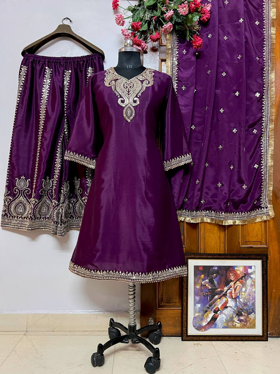 Wine Color Sequence Embroidery Work Designer Party Wear Palazzo Suit