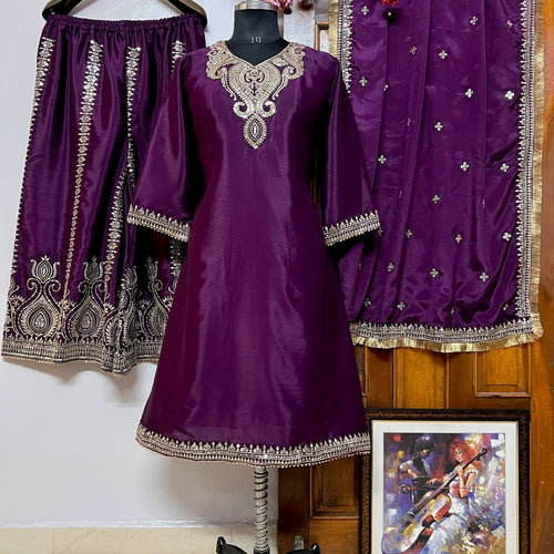 Wine Color Sequence Embroidery Work Designer Party Wear Palazzo Suit