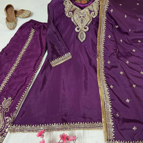 Wine Color Sequence Embroidery Work Designer Party Wear Palazzo Suit