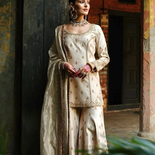 Off-White Color Sequence Embroidery Work Designer Party Wear Palazzo Suit