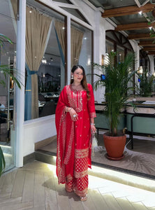 Red Color Sequence Embroidery Work Designer Party Wear Palazzo Suit