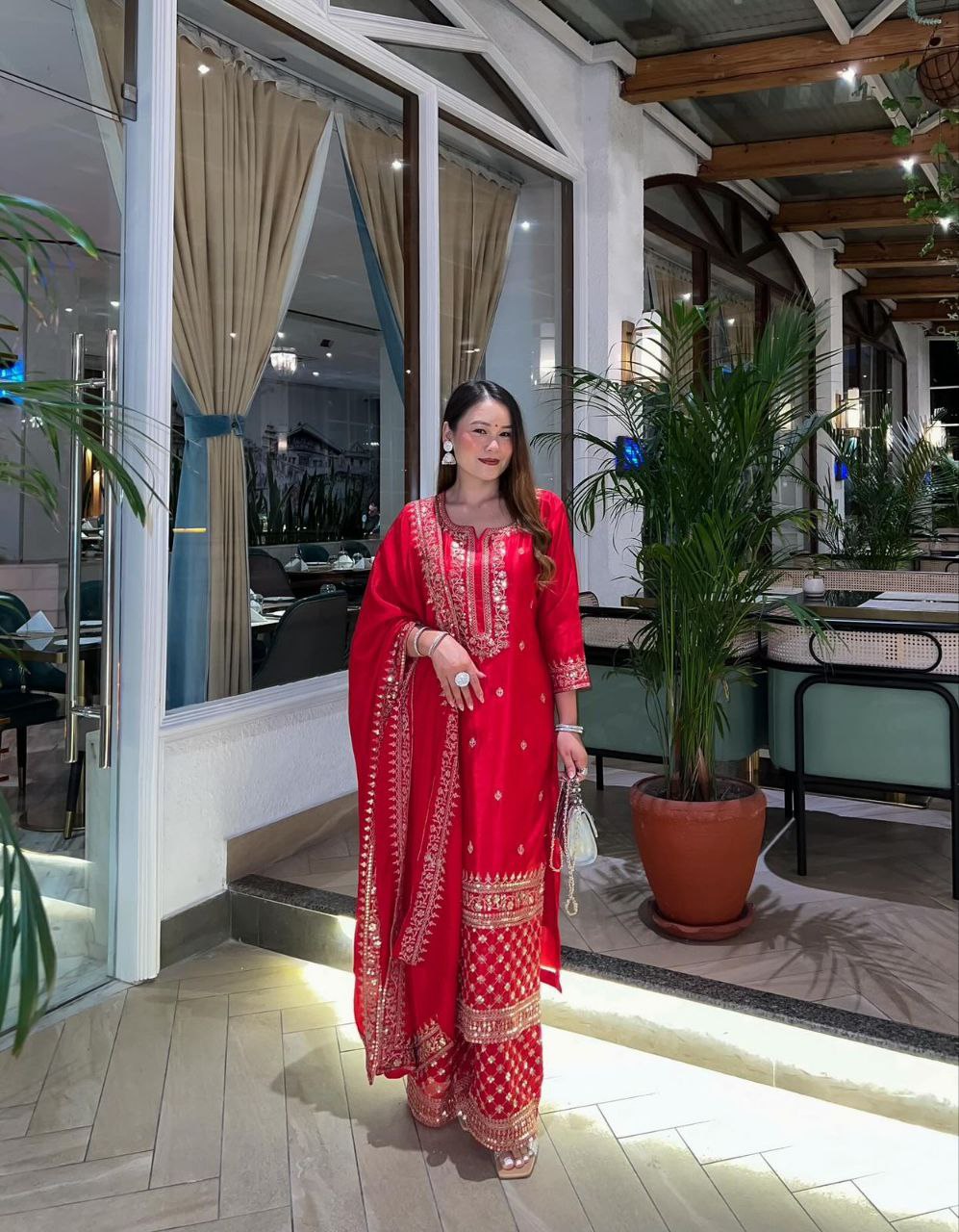 Red Color Sequence Embroidery Work Designer Party Wear Palazzo Suit