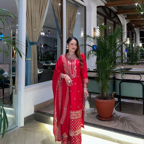 Red Color Sequence Embroidery Work Designer Party Wear Palazzo Suit