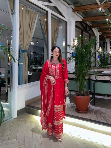 Red Color Sequence Embroidery Work Designer Party Wear Palazzo Suit
