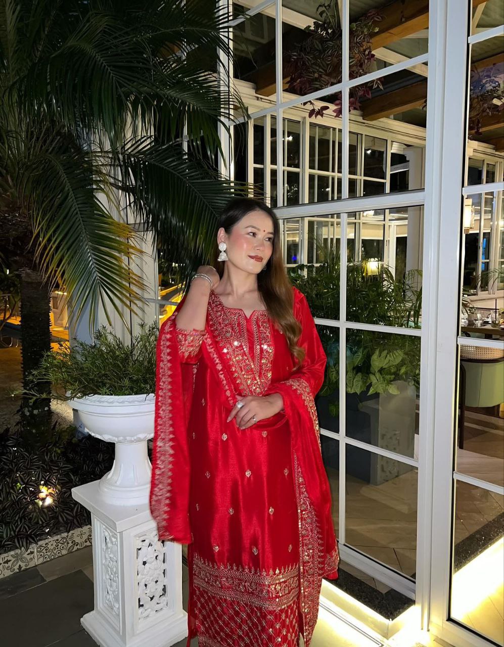 Red Color Sequence Embroidery Work Designer Party Wear Palazzo Suit