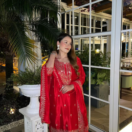 Red Color Sequence Embroidery Work Designer Party Wear Palazzo Suit