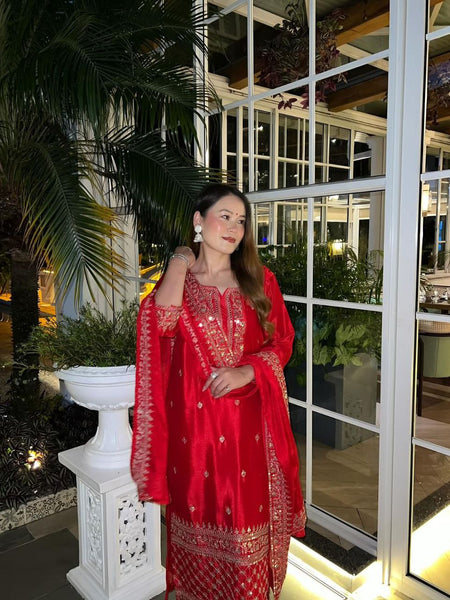 Red Color Sequence Embroidery Work Designer Party Wear Palazzo Suit