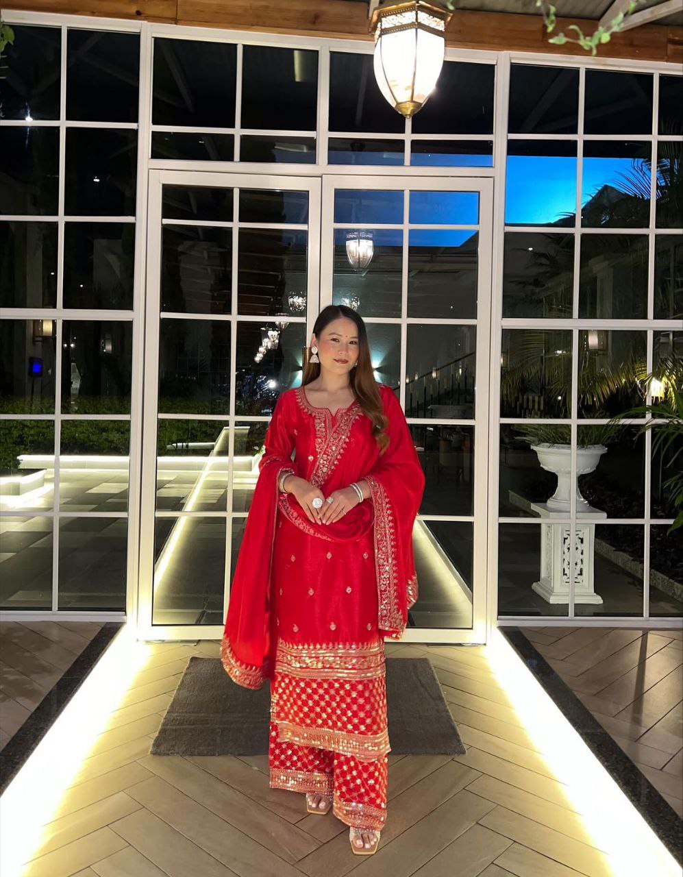 Red Color Sequence Embroidery Work Designer Party Wear Palazzo Suit