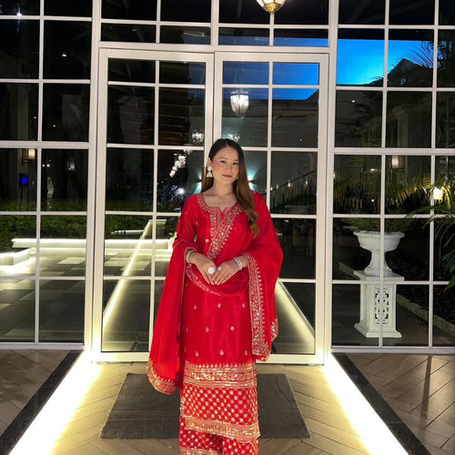 Red Color Sequence Embroidery Work Designer Party Wear Palazzo Suit