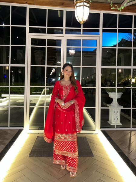 Red Color Sequence Embroidery Work Designer Party Wear Palazzo Suit