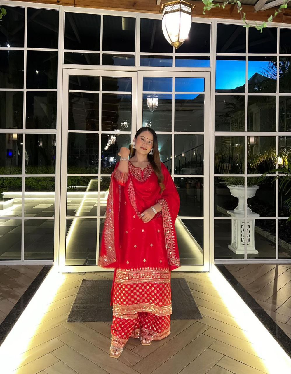 Red Color Sequence Embroidery Work Designer Party Wear Palazzo Suit