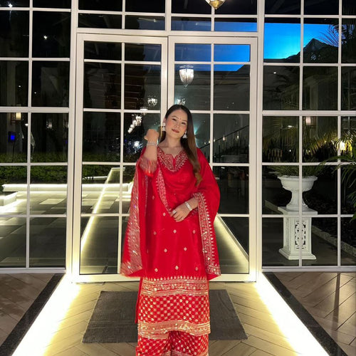 Red Color Sequence Embroidery Work Designer Party Wear Palazzo Suit