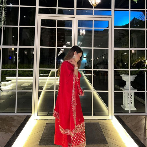 Red Color Sequence Embroidery Work Designer Party Wear Palazzo Suit