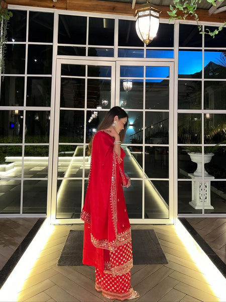 Red Color Sequence Embroidery Work Designer Party Wear Palazzo Suit